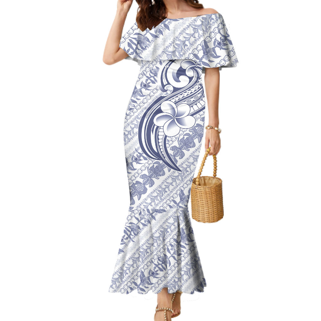 Hawaii Plumeria Lokelani Pikake Lei Family Matching Mermaid Dress and Hawaiian Shirt Navy Blue Polynesian Tattoo