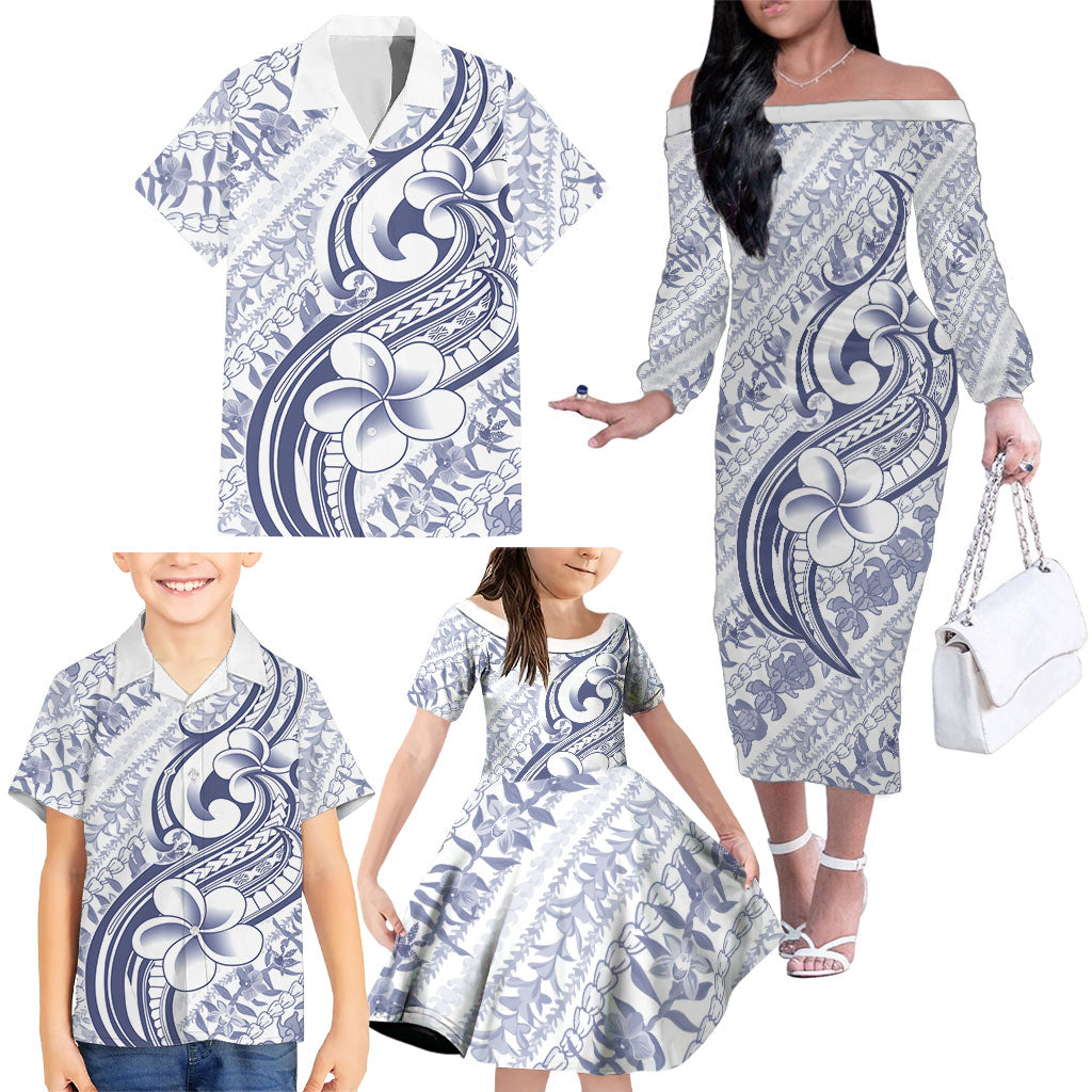 Hawaii Plumeria Lokelani Pikake Lei Family Matching Off The Shoulder Long Sleeve Dress and Hawaiian Shirt Navy Blue Polynesian Tattoo LT9 - Polynesian Pride