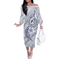 Hawaii Plumeria Lokelani Pikake Lei Family Matching Off The Shoulder Long Sleeve Dress and Hawaiian Shirt Navy Blue Polynesian Tattoo