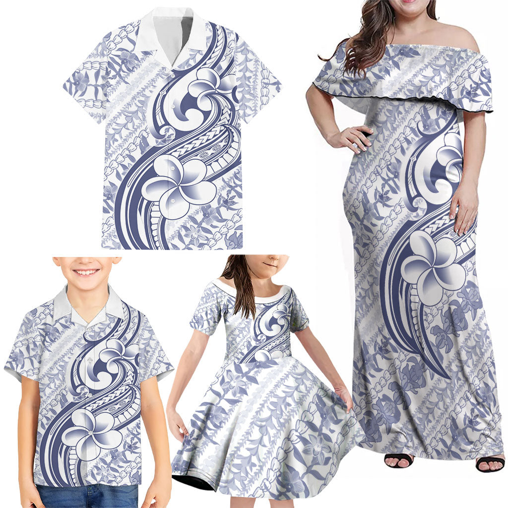 Hawaii Plumeria Lokelani Pikake Lei Family Matching Off Shoulder Maxi Dress and Hawaiian Shirt Navy Blue Polynesian Tattoo LT9 - Polynesian Pride