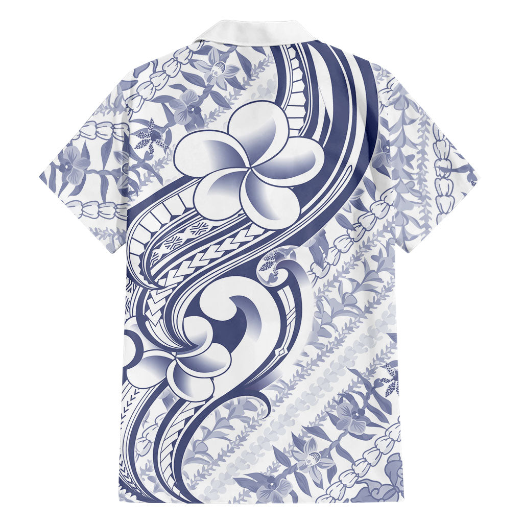 Hawaii Plumeria Lokelani Pikake Lei Family Matching Off Shoulder Maxi Dress and Hawaiian Shirt Navy Blue Polynesian Tattoo