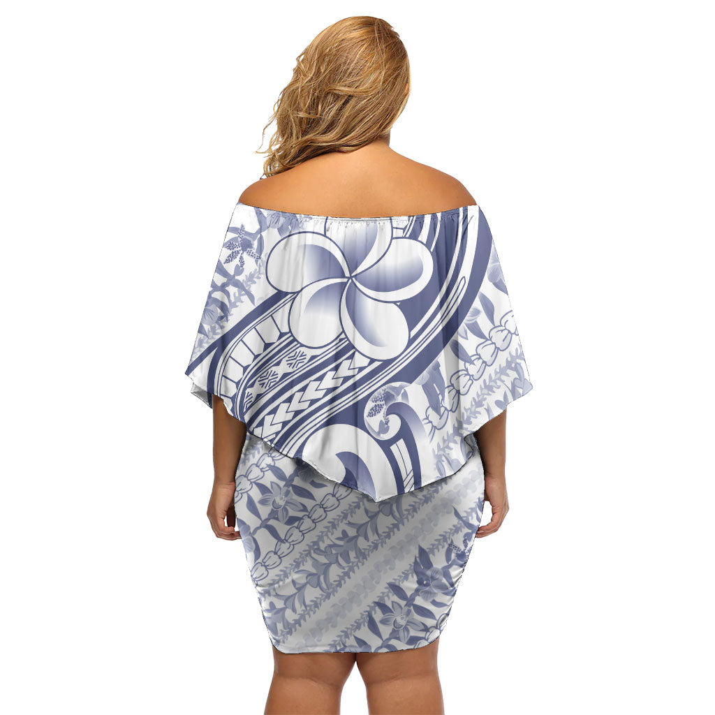 Hawaii Plumeria Lokelani Pikake Lei Family Matching Off Shoulder Short Dress and Hawaiian Shirt Navy Blue Polynesian Tattoo