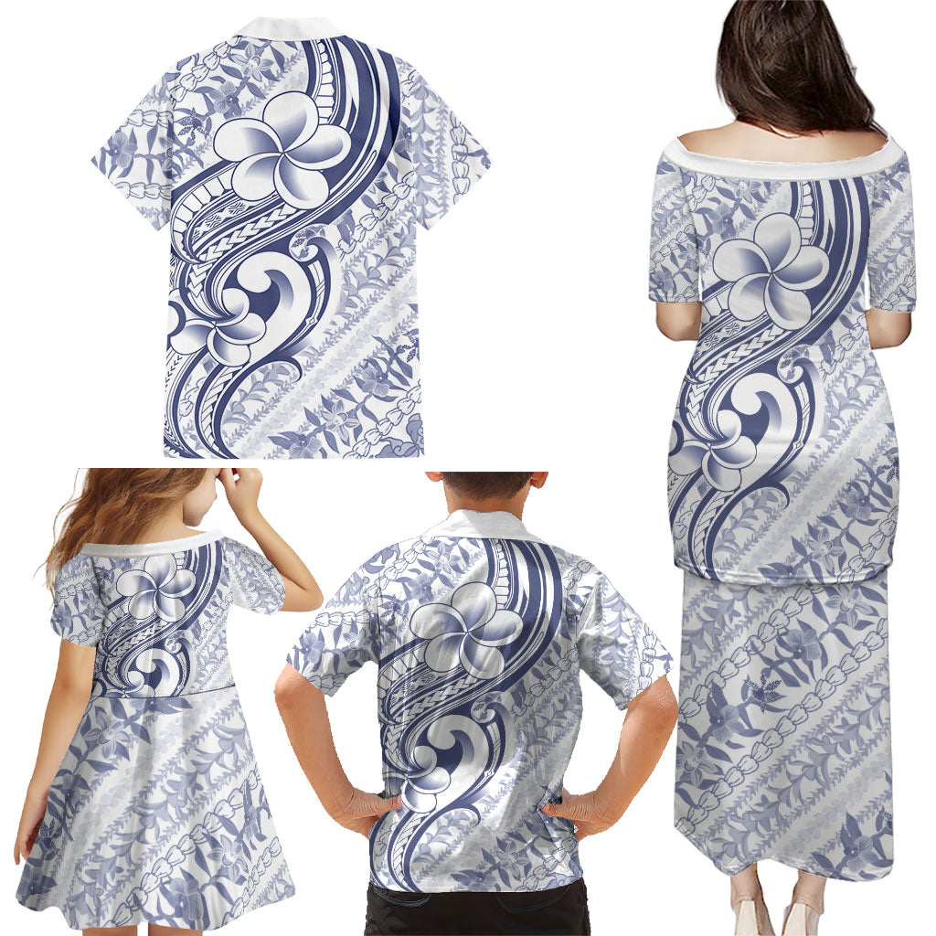 Hawaii Plumeria Lokelani Pikake Lei Family Matching Puletasi and Hawaiian Shirt Navy Blue Polynesian Tattoo