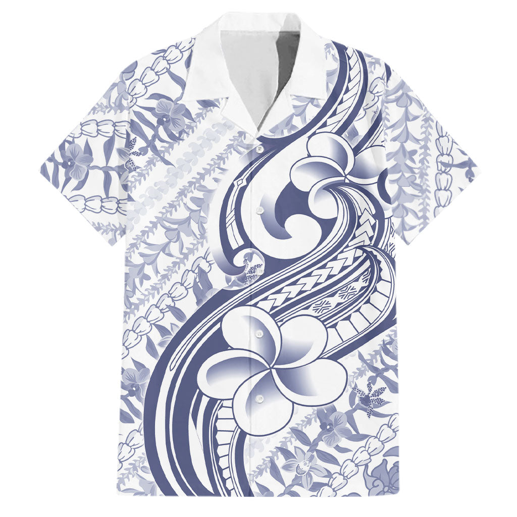 Hawaii Plumeria Lokelani Pikake Lei Family Matching Puletasi and Hawaiian Shirt Navy Blue Polynesian Tattoo