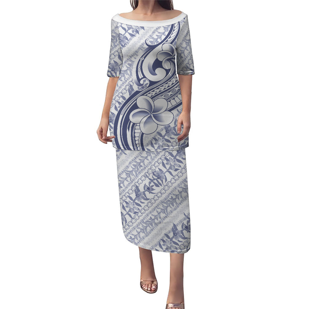 Hawaii Plumeria Lokelani Pikake Lei Family Matching Puletasi and Hawaiian Shirt Navy Blue Polynesian Tattoo