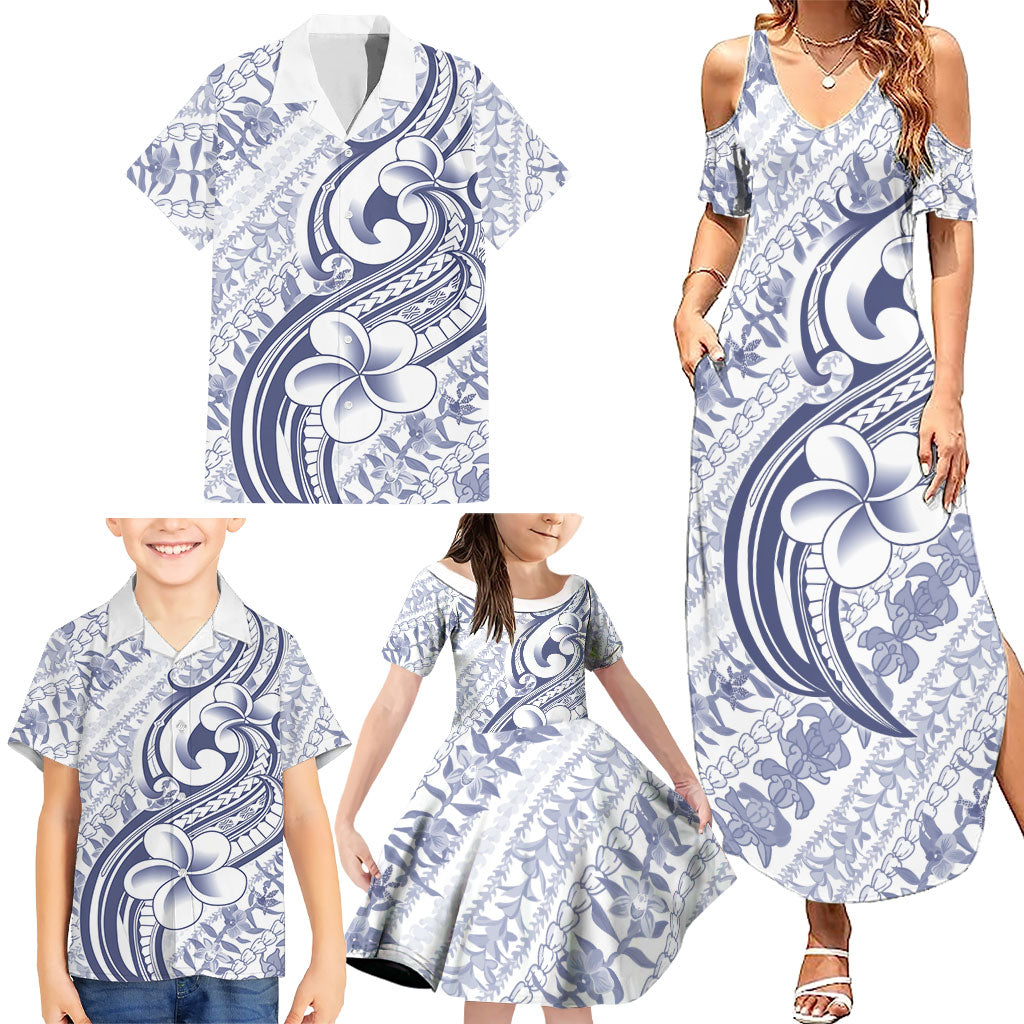 Hawaii Plumeria Lokelani Pikake Lei Family Matching Summer Maxi Dress and Hawaiian Shirt Navy Blue Polynesian Tattoo