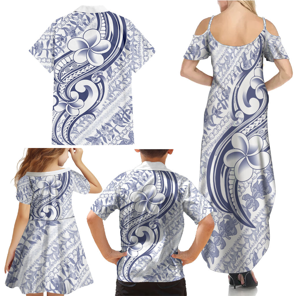 Hawaii Plumeria Lokelani Pikake Lei Family Matching Summer Maxi Dress and Hawaiian Shirt Navy Blue Polynesian Tattoo