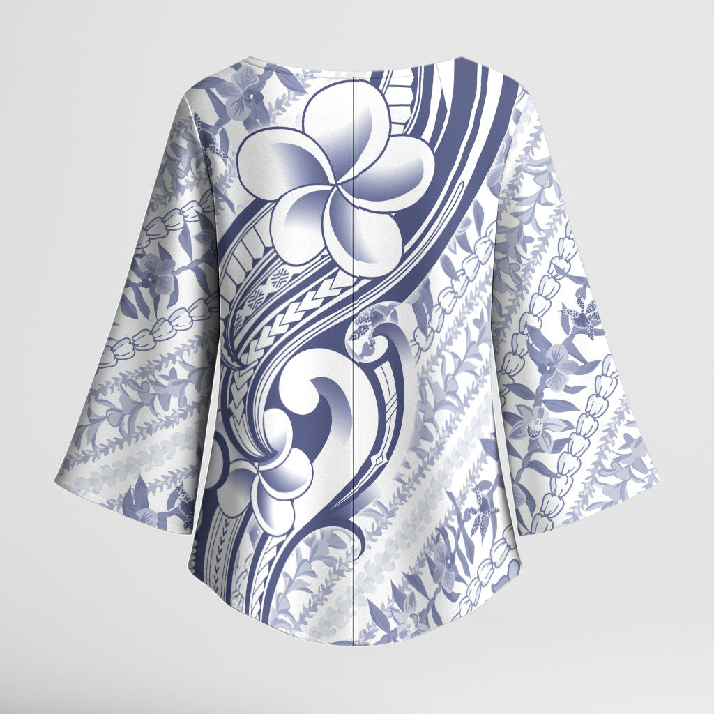 Hawaii Plumeria Lokelani Pikake Lei Kimono Sleeve Blouse Navy Blue Polynesian Tattoo