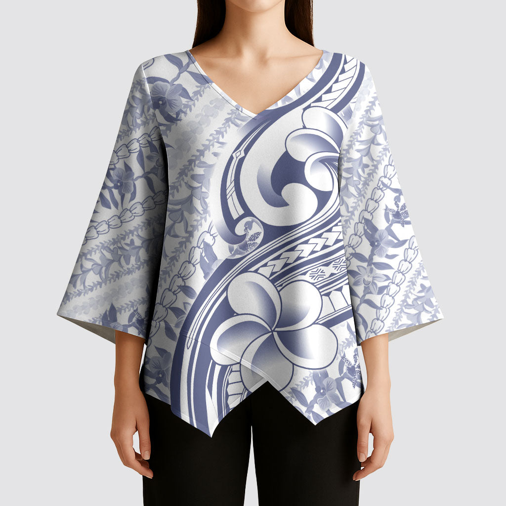 Hawaii Plumeria Lokelani Pikake Lei Kimono Sleeve Blouse Navy Blue Polynesian Tattoo