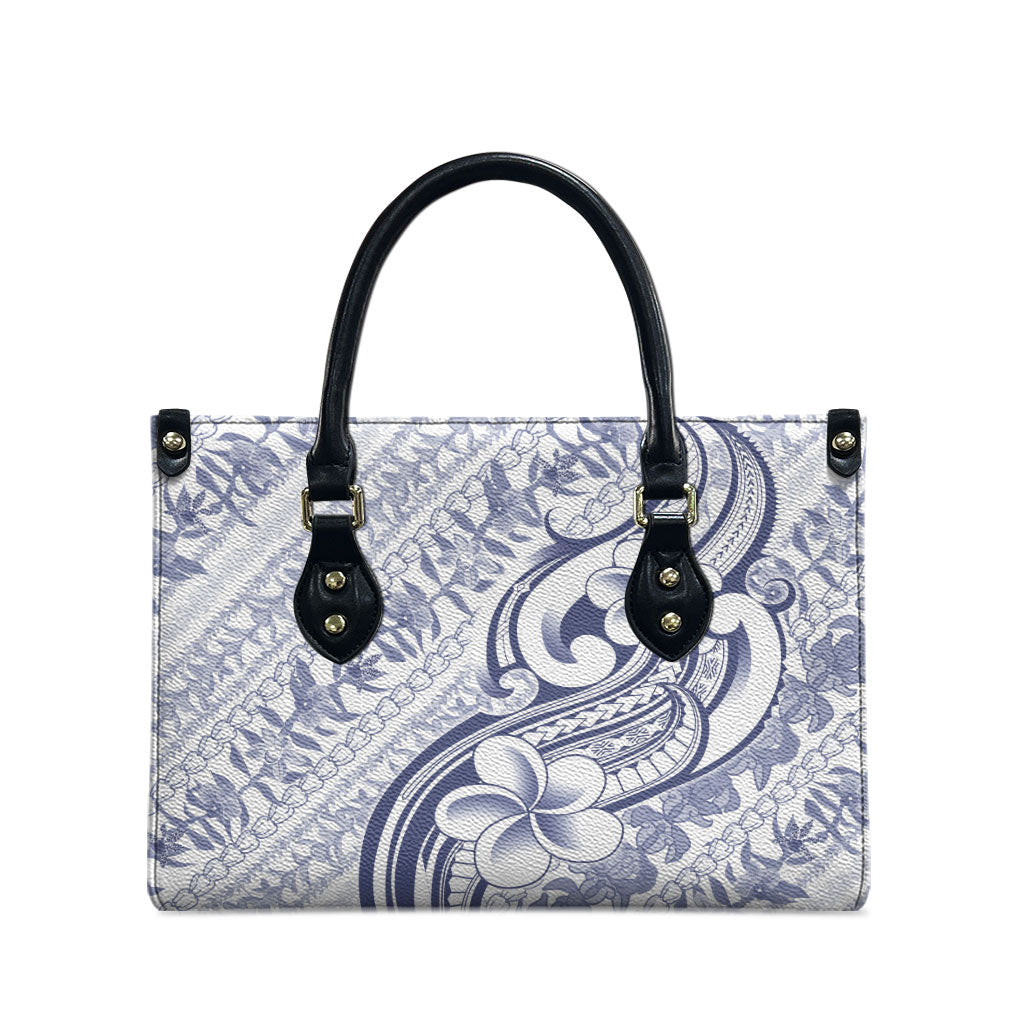 Hawaii Plumeria Lokelani Pikake Lei Leather Bag Navy Blue Polynesian Tattoo