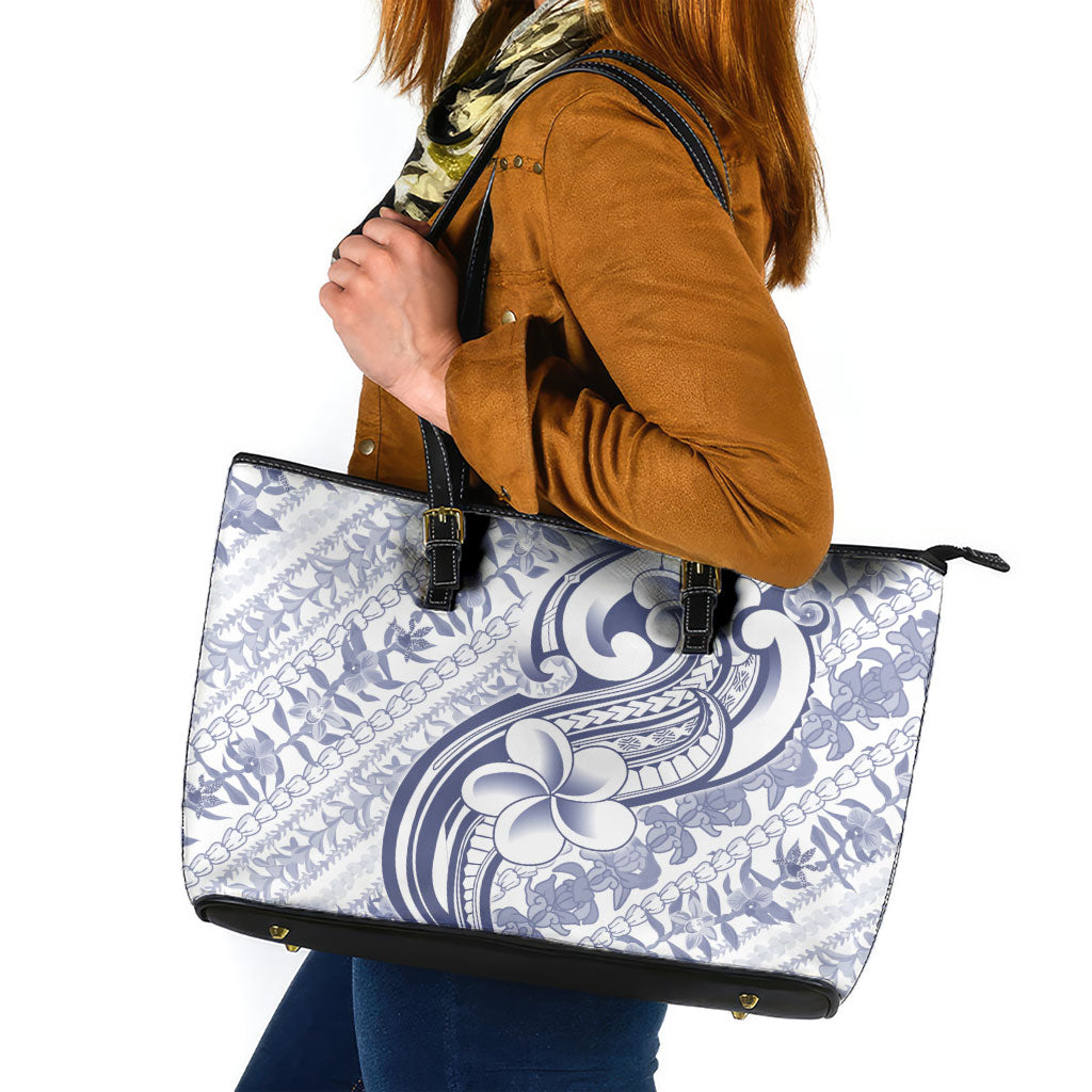 Hawaii Plumeria Lokelani Pikake Lei Leather Tote Bag Navy Blue Polynesian Tattoo LT9 Navy Blue - Polynesian Pride