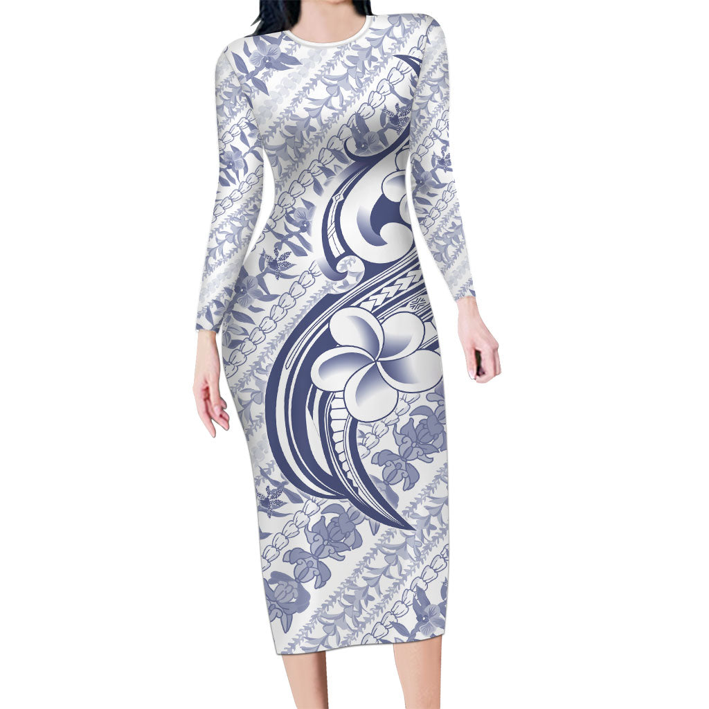Hawaii Plumeria Lokelani Pikake Lei Long Sleeve Bodycon Dress Navy Blue Polynesian Tattoo