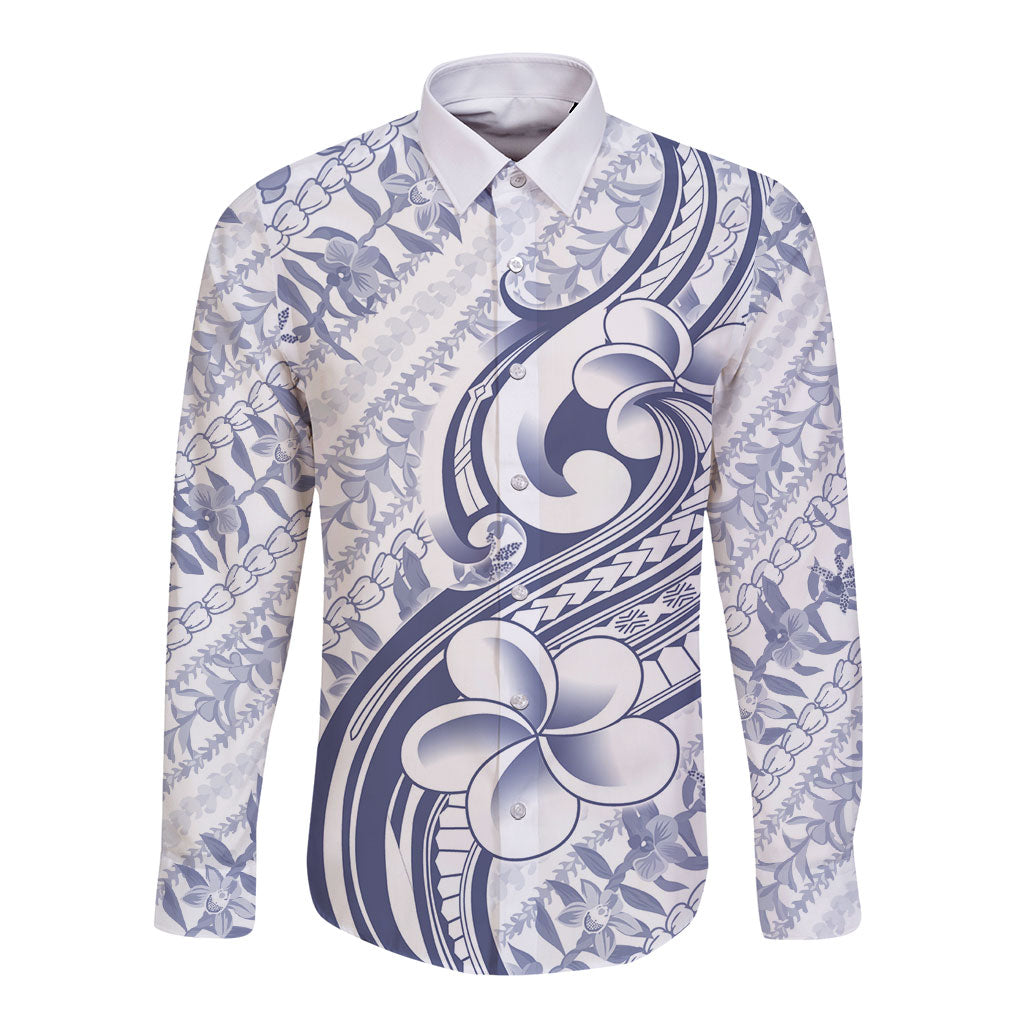 Hawaii Plumeria Lokelani Pikake Lei Long Sleeve Button Shirt Navy Blue Polynesian Tattoo LT9 Unisex Navy Blue - Polynesian Pride