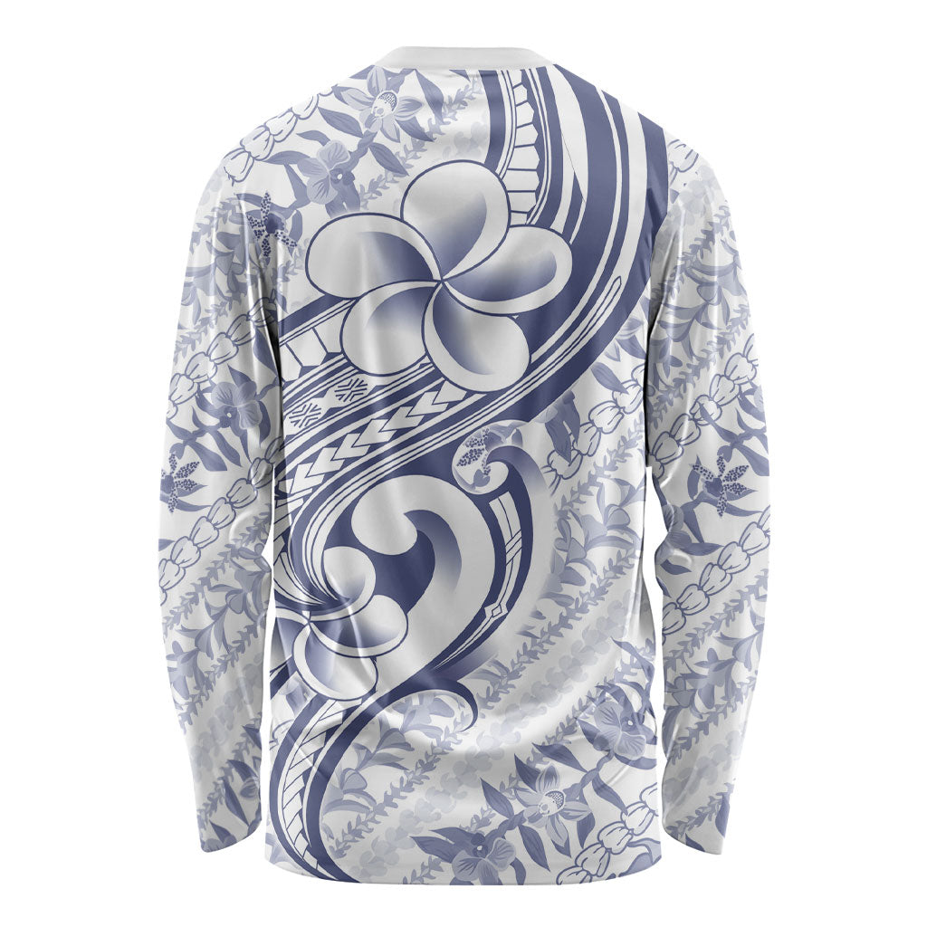 Hawaii Plumeria Lokelani Pikake Lei Long Sleeve Shirt Navy Blue Polynesian Tattoo LT9 - Polynesian Pride