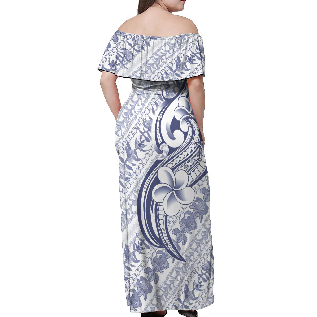 Hawaii Plumeria Lokelani Pikake Lei Off Shoulder Maxi Dress Navy Blue Polynesian Tattoo LT9 - Polynesian Pride