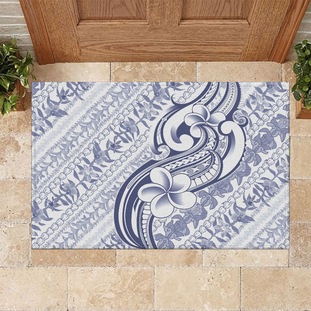 Hawaii Plumeria Lokelani Pikake Lei Rubber Doormat Navy Blue Polynesian Tattoo LT9 Navy Blue - Polynesian Pride