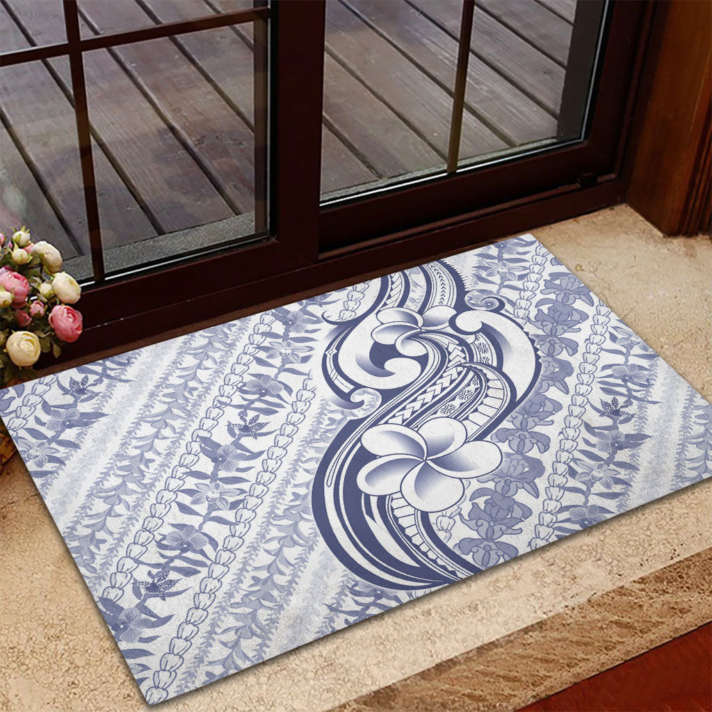 Hawaii Plumeria Lokelani Pikake Lei Rubber Doormat Navy Blue Polynesian Tattoo