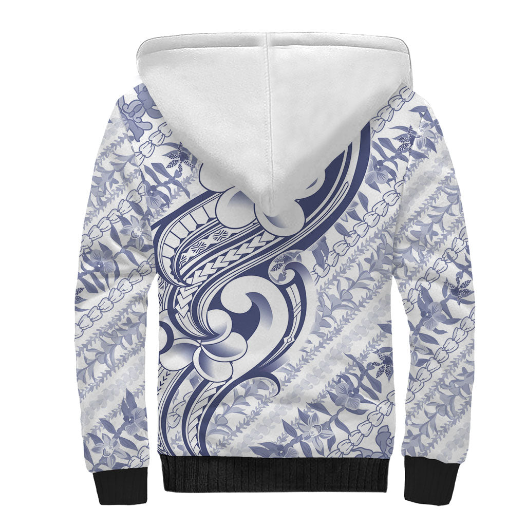 Hawaii Plumeria Lokelani Pikake Lei Sherpa Hoodie Navy Blue Polynesian Tattoo