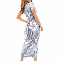 Hawaii Plumeria Lokelani Pikake Lei Short Sleeve Bodycon Dress Navy Blue Polynesian Tattoo LT9 - Polynesian Pride