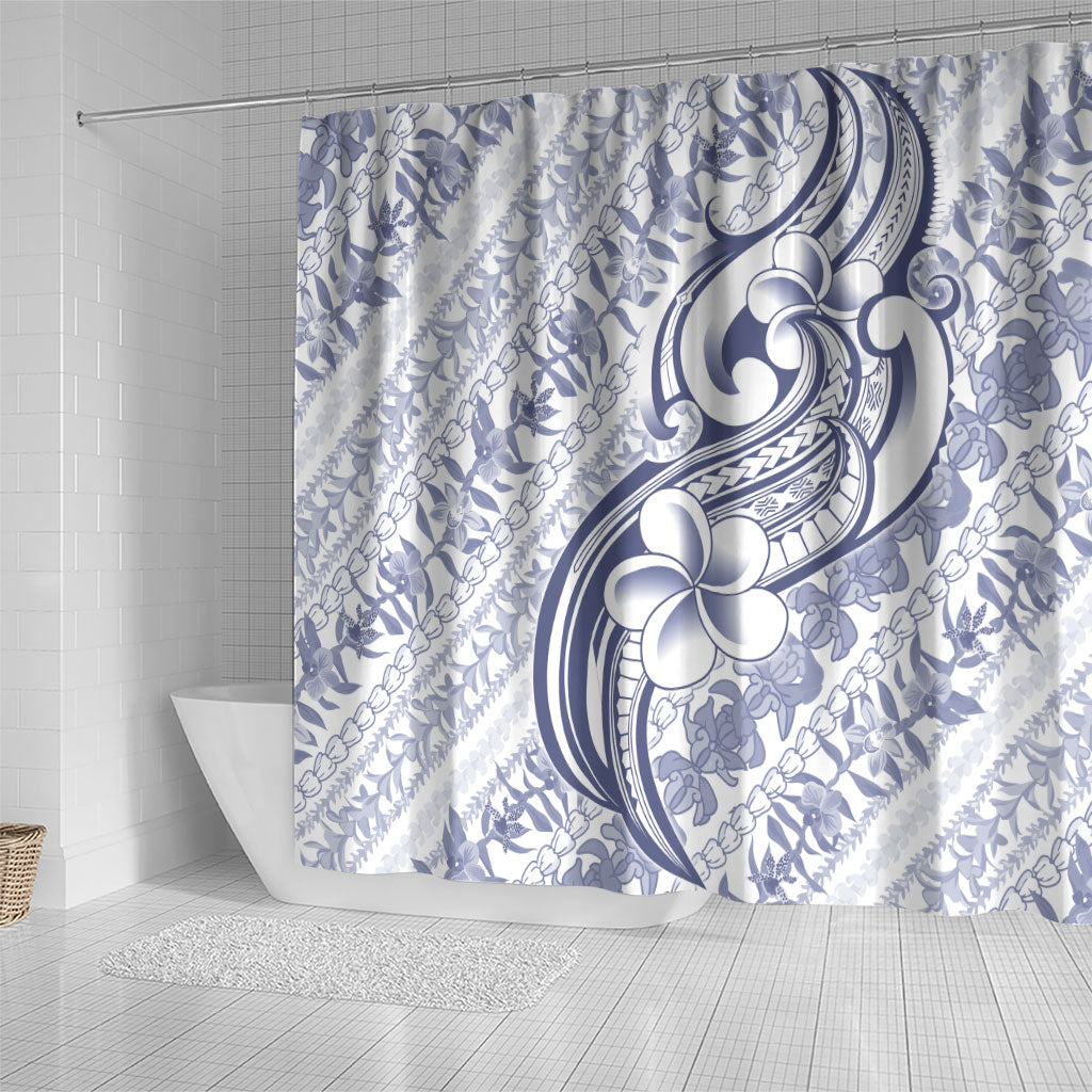 Hawaii Plumeria Lokelani Pikake Lei Shower Curtain Navy Blue Polynesian Tattoo