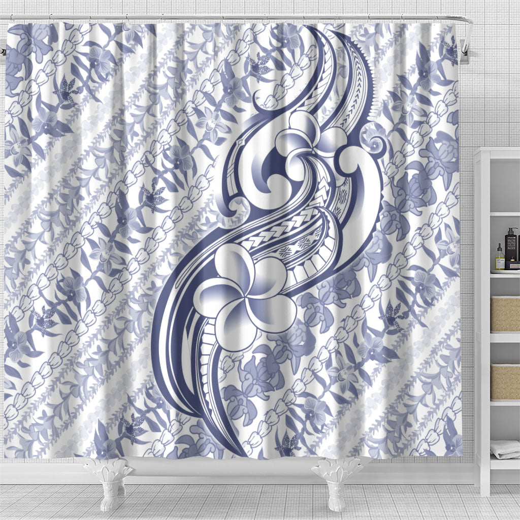 Hawaii Plumeria Lokelani Pikake Lei Shower Curtain Navy Blue Polynesian Tattoo