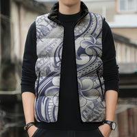 Hawaii Plumeria Lokelani Pikake Lei Sleeveless Puffer Jacket Navy Blue Polynesian Tattoo