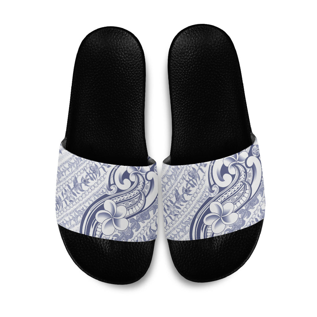 Hawaii Plumeria Lokelani Pikake Lei Slide Sandals Navy Blue Polynesian Tattoo