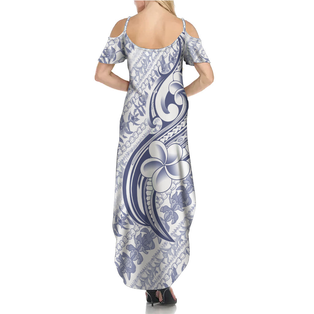 Hawaii Plumeria Lokelani Pikake Lei Summer Maxi Dress Navy Blue Polynesian Tattoo LT9 - Polynesian Pride