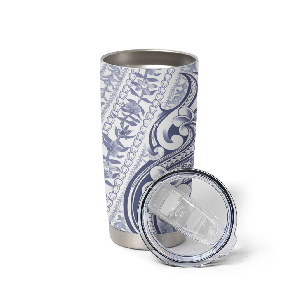 Hawaii Plumeria Lokelani Pikake Lei Tumbler Cup Navy Blue Polynesian Tattoo LT9 - Polynesian Pride