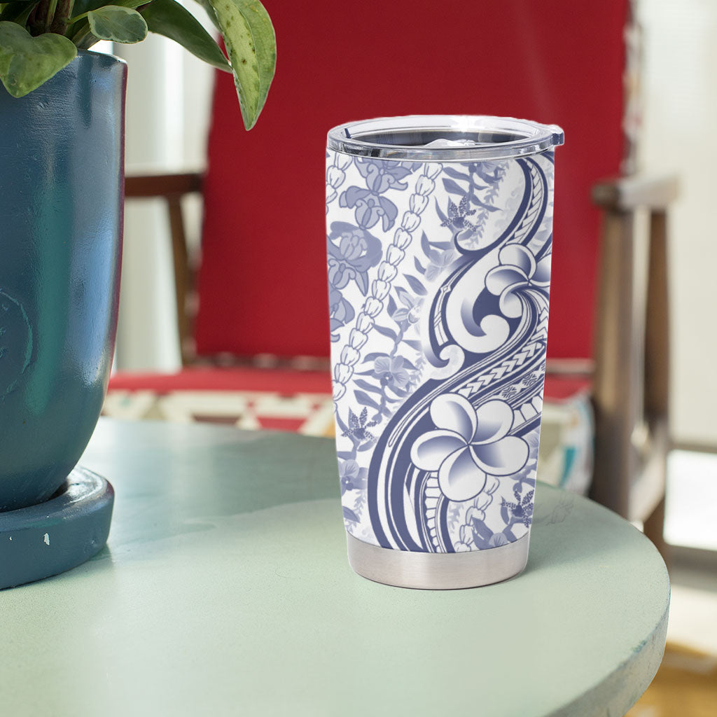 Hawaii Plumeria Lokelani Pikake Lei Tumbler Cup Navy Blue Polynesian Tattoo LT9 - Polynesian Pride