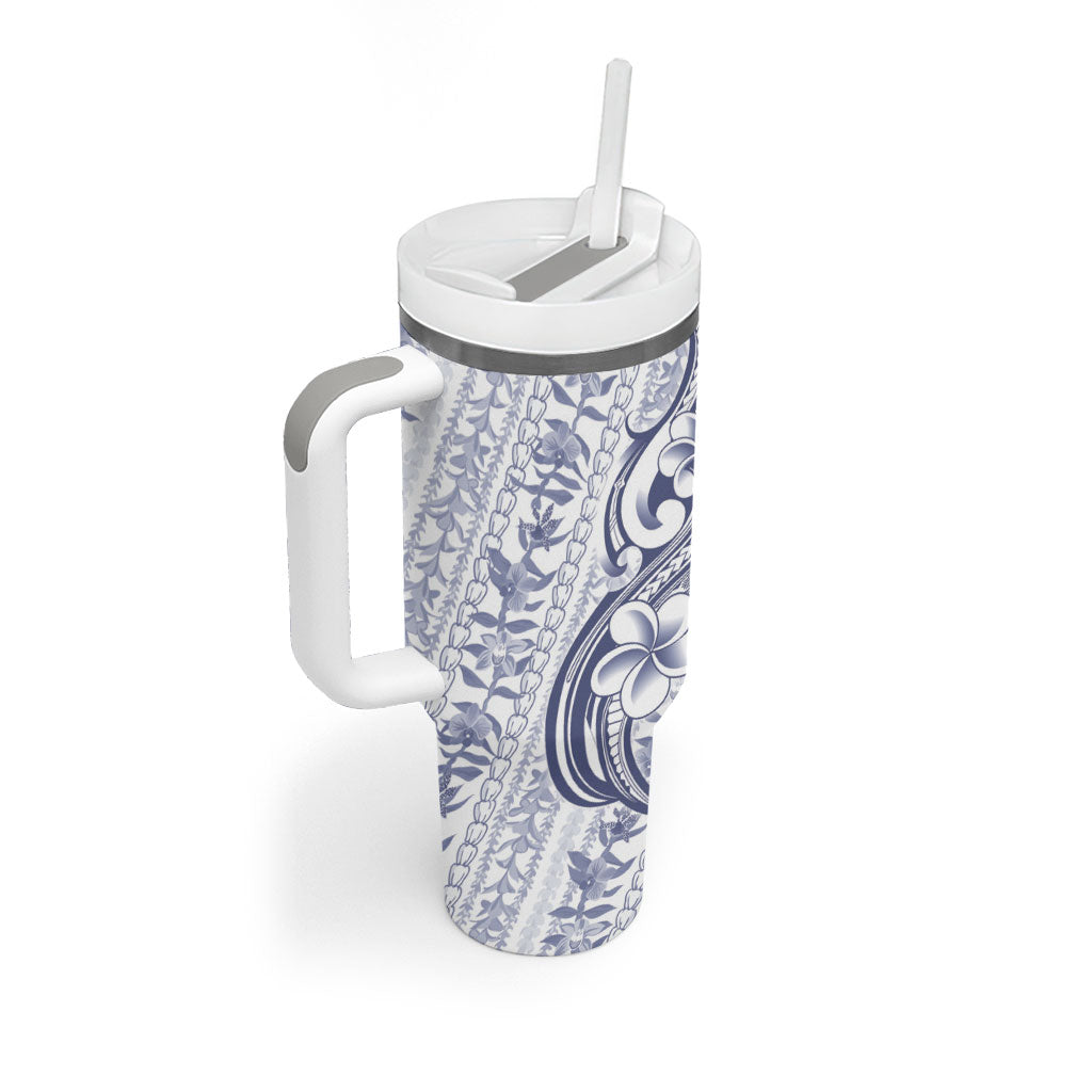 Hawaii Plumeria Lokelani Pikake Lei Tumbler With Handle Navy Blue Polynesian Tattoo