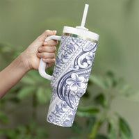 Hawaii Plumeria Lokelani Pikake Lei Tumbler With Handle Navy Blue Polynesian Tattoo