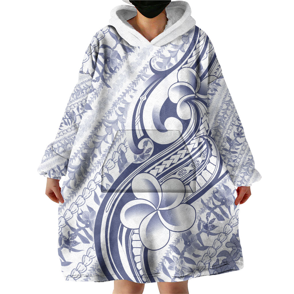 Hawaii Plumeria Lokelani Pikake Lei Wearable Blanket Hoodie Navy Blue Polynesian Tattoo