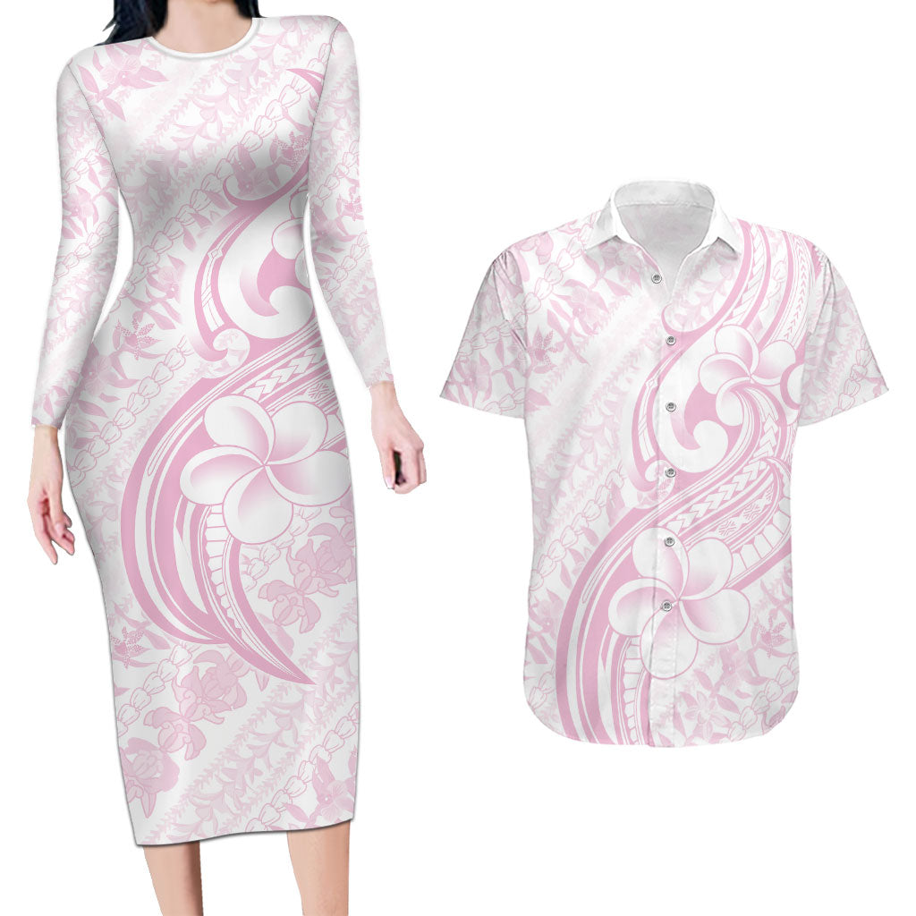 Hawaii Plumeria Lokelani Pikake Lei Couples Matching Long Sleeve Bodycon Dress and Hawaiian Shirt Poni Mama Polynesian Tattoo