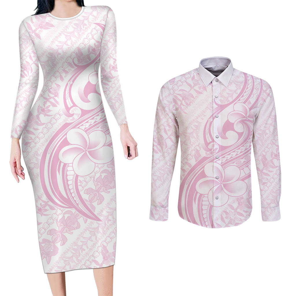 Hawaii Plumeria Lokelani Pikake Lei Couples Matching Long Sleeve Bodycon Dress and Long Sleeve Button Shirt Poni Mama Polynesian Tattoo