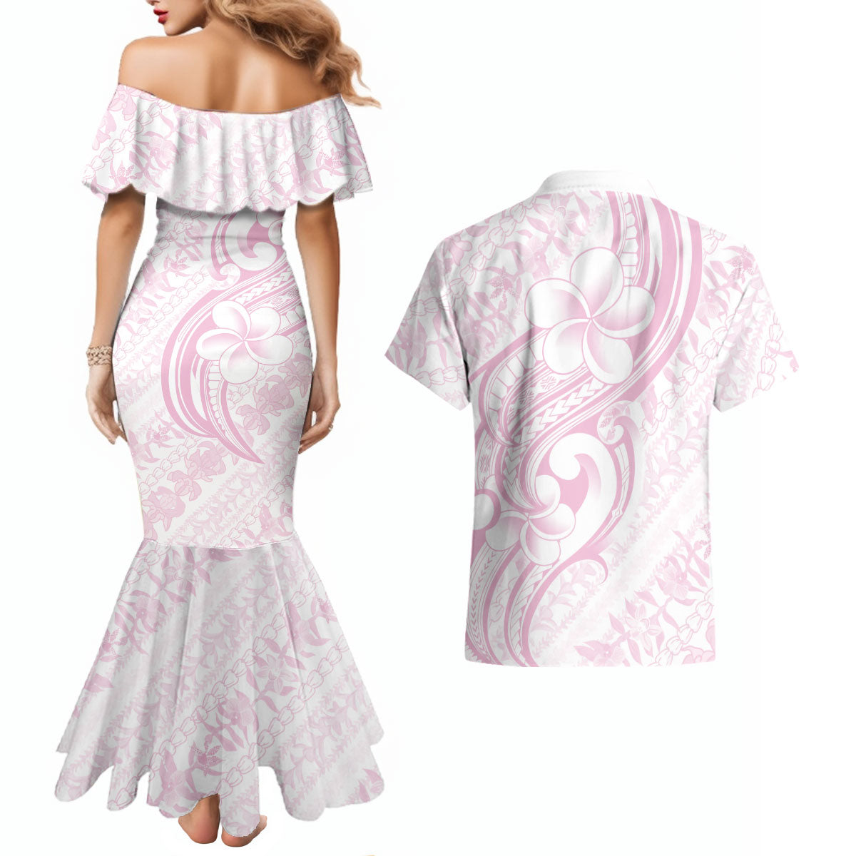 Hawaii Plumeria Lokelani Pikake Lei Couples Matching Mermaid Dress and Hawaiian Shirt Poni Mama Polynesian Tattoo