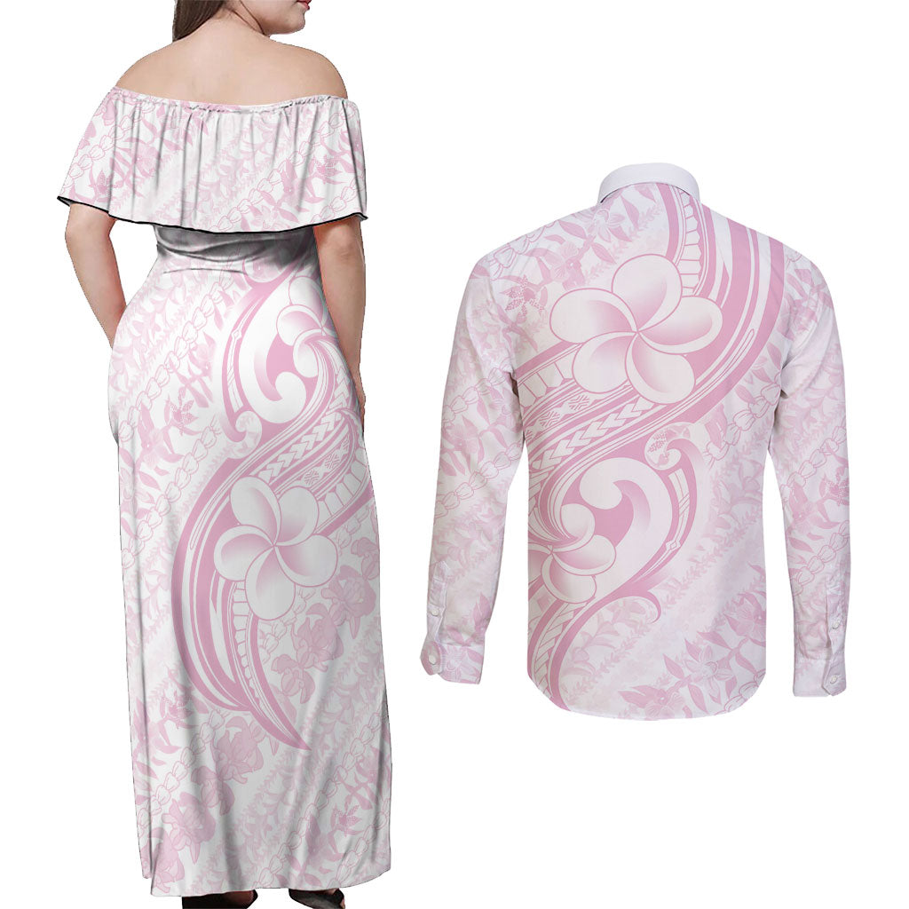 Hawaii Plumeria Lokelani Pikake Lei Couples Matching Off Shoulder Maxi Dress and Long Sleeve Button Shirt Poni Mama Polynesian Tattoo