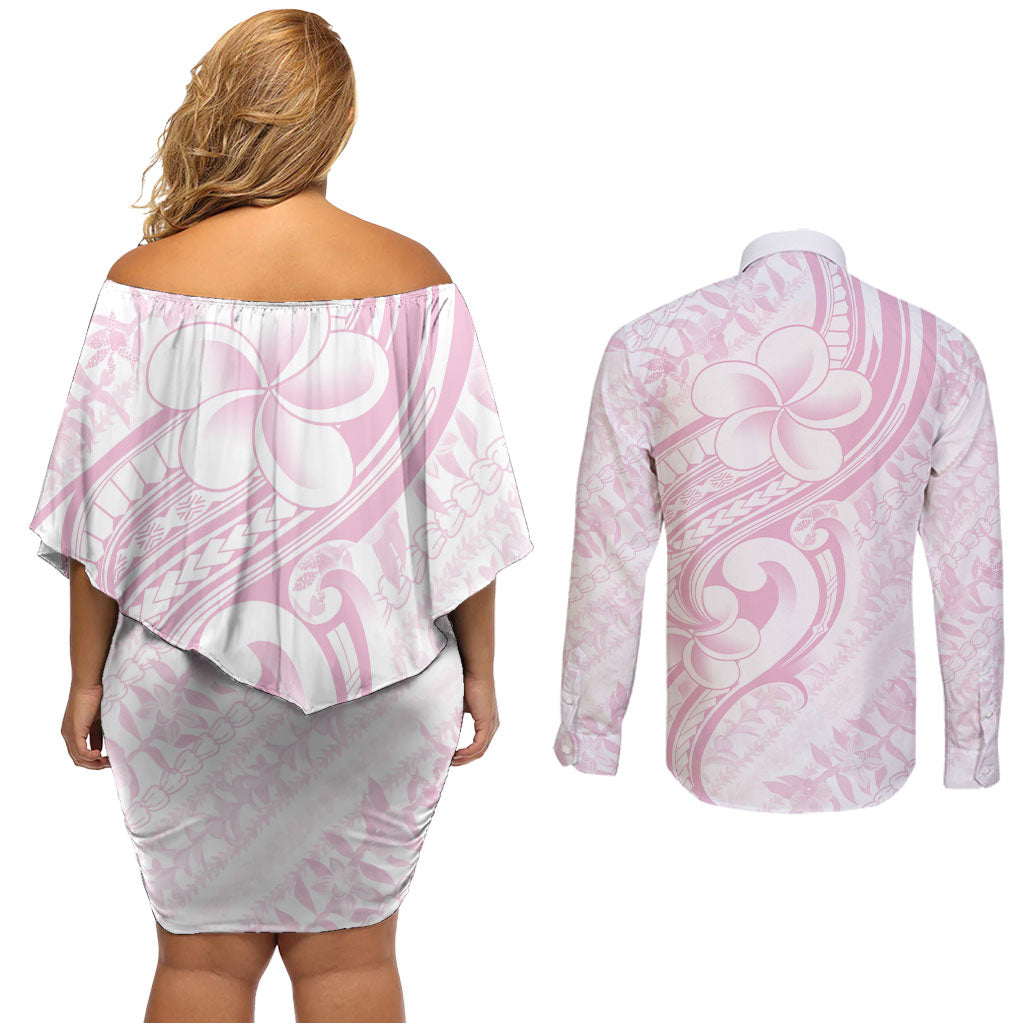 Hawaii Plumeria Lokelani Pikake Lei Couples Matching Off Shoulder Short Dress and Long Sleeve Button Shirt Poni Mama Polynesian Tattoo