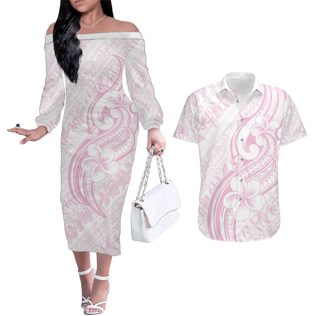 Hawaii Plumeria Lokelani Pikake Lei Couples Matching Off The Shoulder Long Sleeve Dress and Hawaiian Shirt Poni Mama Polynesian Tattoo