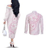 Hawaii Plumeria Lokelani Pikake Lei Couples Matching Off The Shoulder Long Sleeve Dress and Long Sleeve Button Shirt Poni Mama Polynesian Tattoo