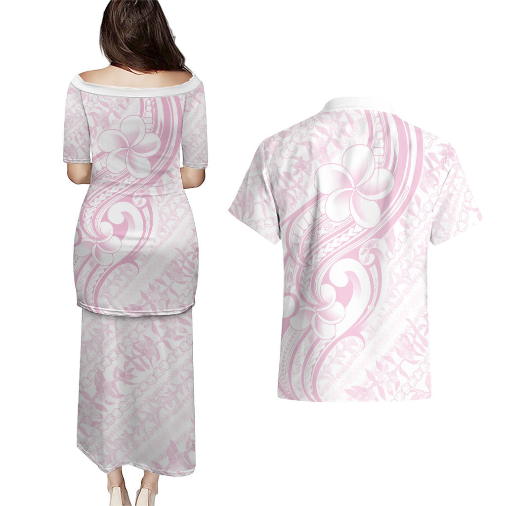 Hawaii Plumeria Lokelani Pikake Lei Couples Matching Puletasi and Hawaiian Shirt Poni Mama Polynesian Tattoo