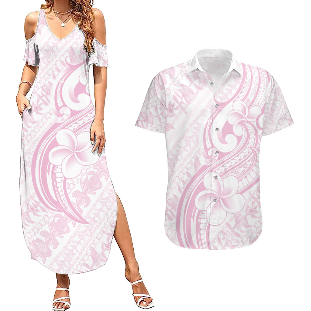 Hawaii Plumeria Lokelani Pikake Lei Couples Matching Summer Maxi Dress and Hawaiian Shirt Poni Mama Polynesian Tattoo LT9 Pink - Polynesian Pride