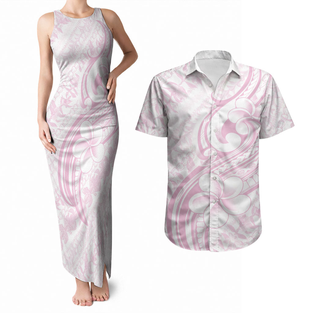 Hawaii Plumeria Lokelani Pikake Lei Couples Matching Tank Maxi Dress and Hawaiian Shirt Poni Mama Polynesian Tattoo LT9 Pink - Polynesian Pride