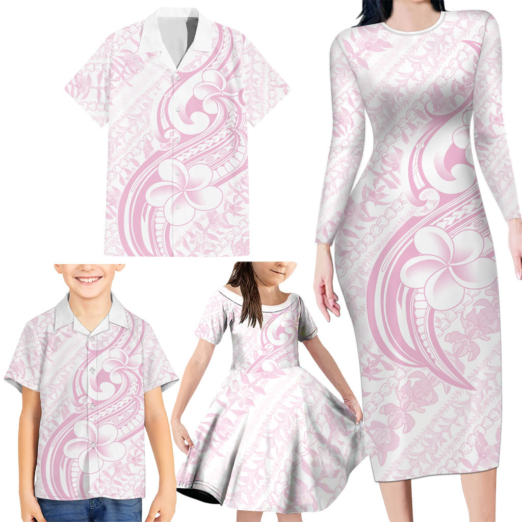 Hawaii Plumeria Lokelani Pikake Lei Family Matching Long Sleeve Bodycon Dress and Hawaiian Shirt Poni Mama Polynesian Tattoo
