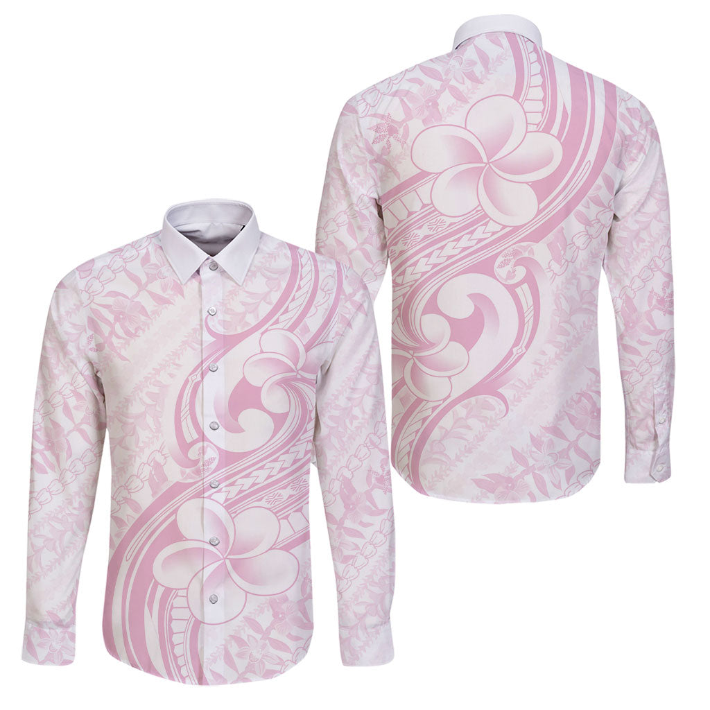 Hawaii Plumeria Lokelani Pikake Lei Family Matching Off The Shoulder Long Sleeve Dress and Hawaiian Shirt Poni Mama Polynesian Tattoo LT9 Dad's Shirt - Long Sleeve Pink - Polynesian Pride