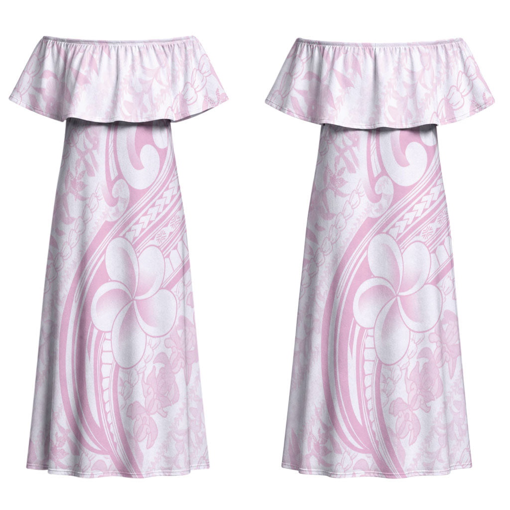 Hawaii Plumeria Lokelani Pikake Lei Family Matching Off Shoulder Maxi Dress and Hawaiian Shirt Poni Mama Polynesian Tattoo LT9 Mom's Dress Pink - Polynesian Pride