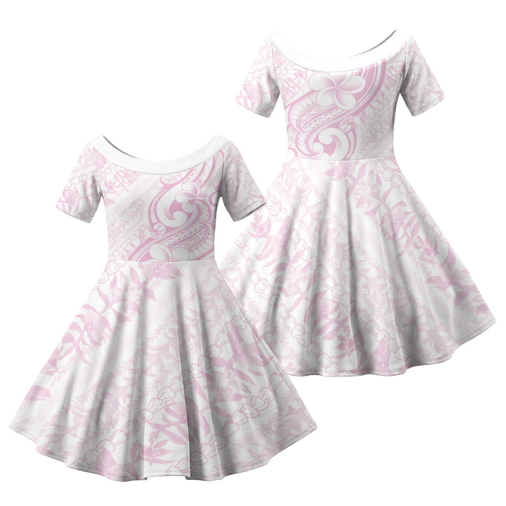 Hawaii Plumeria Lokelani Pikake Lei Family Matching Off Shoulder Maxi Dress and Hawaiian Shirt Poni Mama Polynesian Tattoo LT9 Daughter's Dress Pink - Polynesian Pride