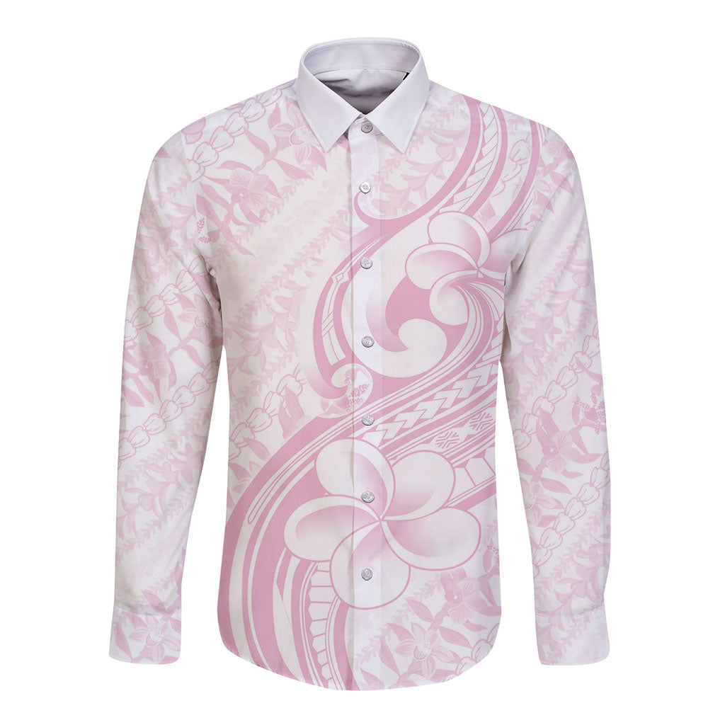 Hawaii Plumeria Lokelani Pikake Lei Long Sleeve Button Shirt Poni Mama Polynesian Tattoo LT9 Unisex Pink - Polynesian Pride