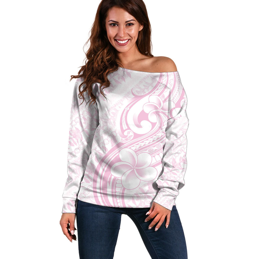 Hawaii Plumeria Lokelani Pikake Lei Off Shoulder Sweater Poni Mama Polynesian Tattoo LT9 Women Pink - Polynesian Pride