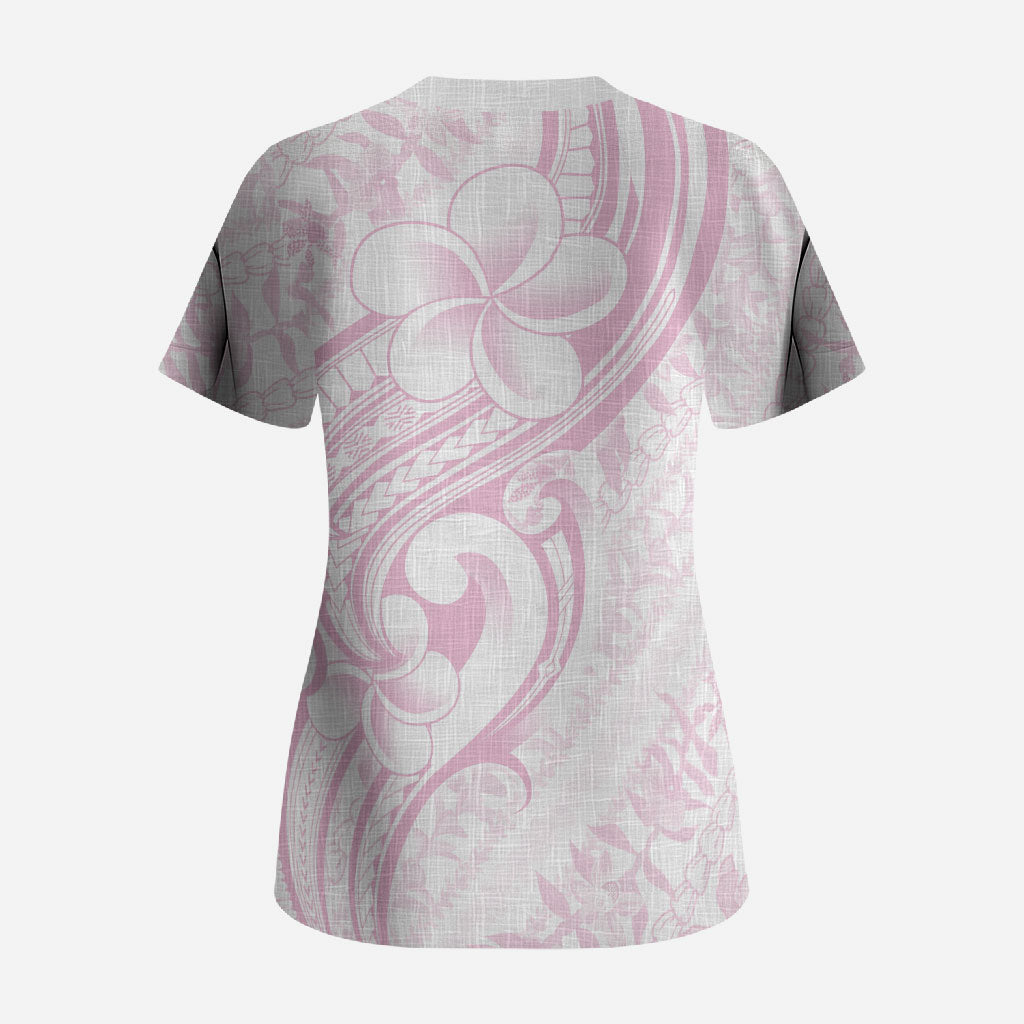 Hawaii Plumeria Lokelani Pikake Lei Scrub Top Poni Mama Polynesian Tattoo